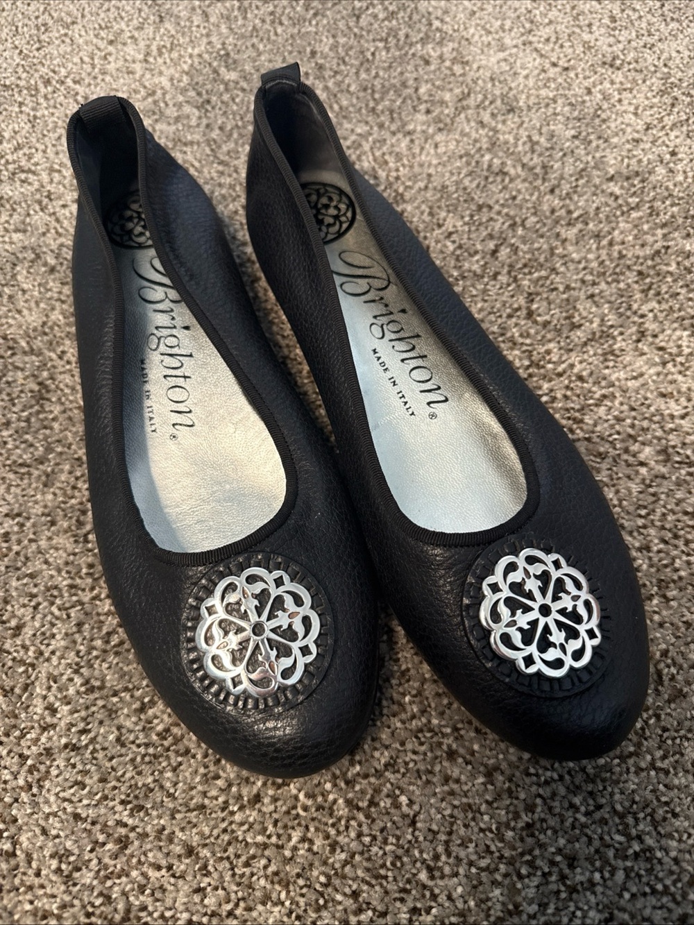Brighton Aleta Black pebbled Leather Ballet Flats with Silver Filigree Medallion